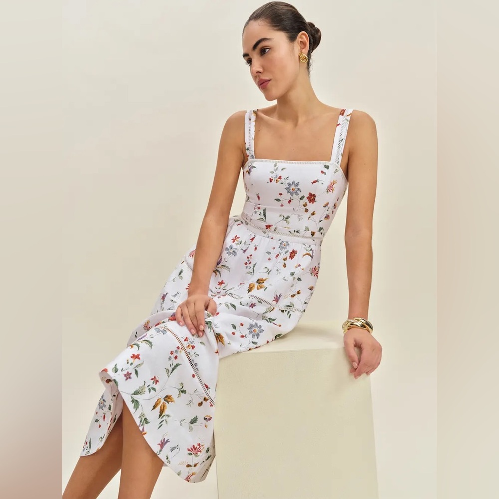 NEW Reformation Everett Linen Midi Dress Corsini White Multi Floral | US 4 UK 8 - Picture 6 of 16